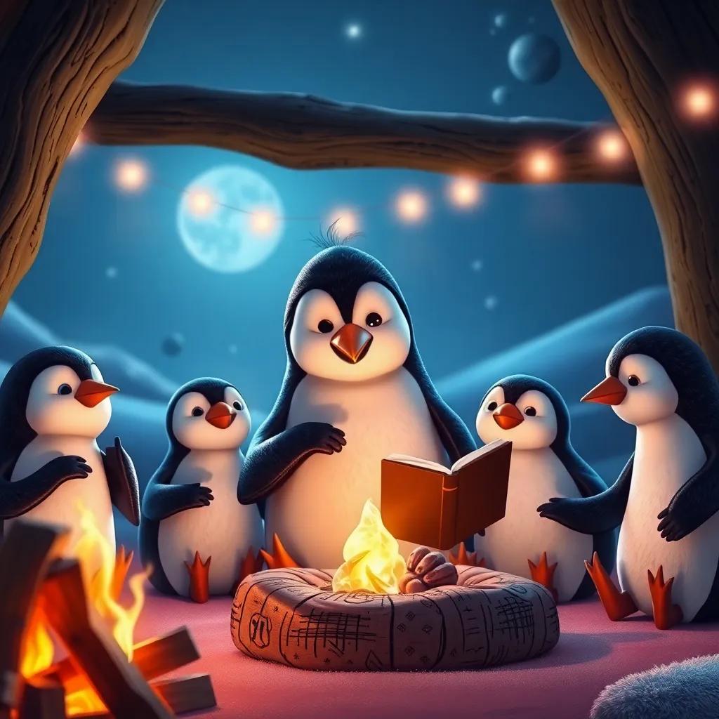 James the giant penguin and his friends listening to stories by the fire, glowing crystal lighting their faces, a cozy and enchanting atmosphere, soft colors, comforting and friendly, digital art