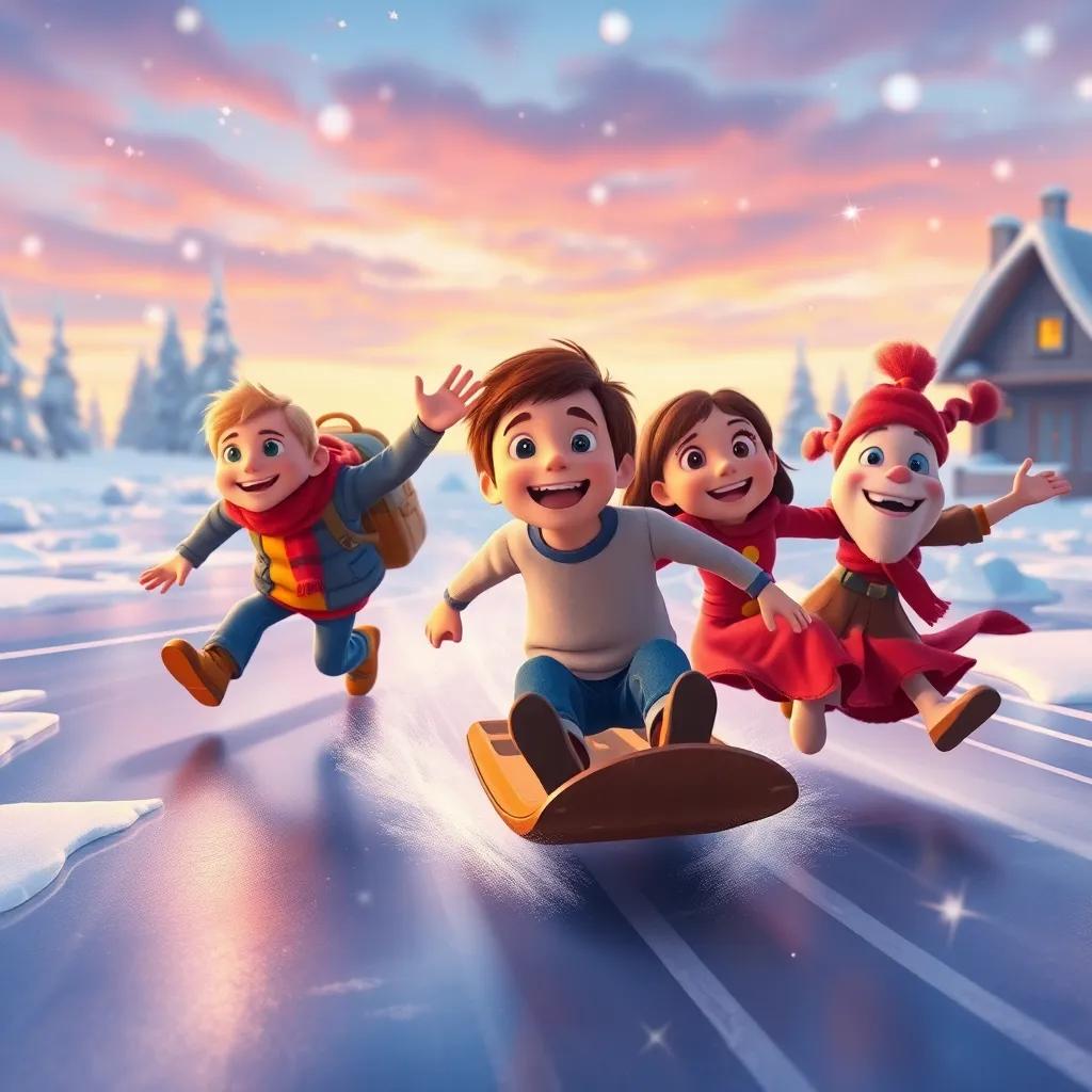 James and friends returning home, sliding joyfully on ice, filled with happiness, vivid colors, heartwarming reunion, engaging perspective, digital art