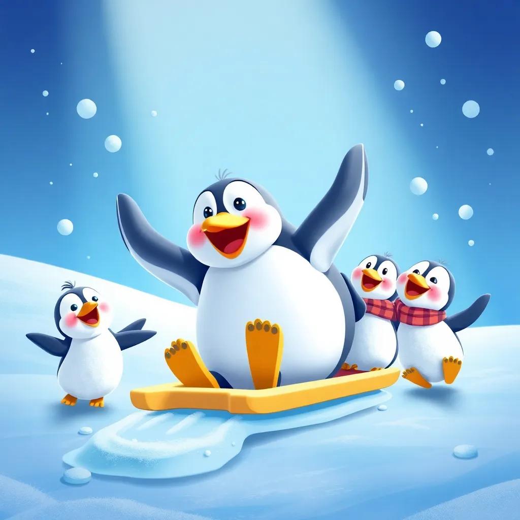 A joyful scene of James the giant penguin and his friends ice sliding together, snowflakes and laughter in the air, bright colors, cheerful atmosphere, child-friendly, engaging illustration, digital art