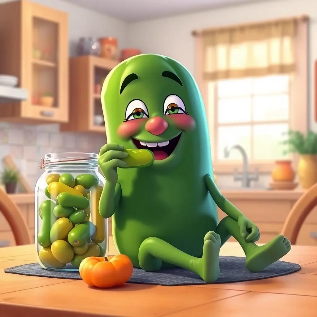 James the pickle, sitting happily on a kitchen table with a jar of pickles next to him, munching on a pickle with a look of delight, cozy home setting, soft lighting, vibrant colors, whimsical feeling, illustration, cheerful vibe