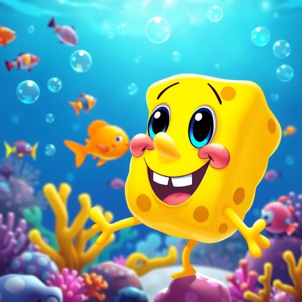 A bright yellow sponge named James, happily living under the sparkling sea, surrounded by colorful fish and bubbles, digital art, cheerful, vibrant colors, inviting atmosphere, high quality