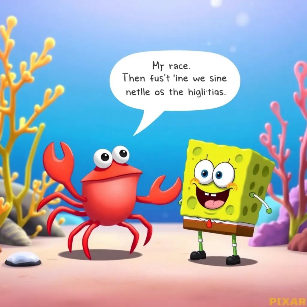 A crab talking to James the sponge about a race, with bright coral and seaweed in the background, playful scene, cheerful, colorful, child-friendly
