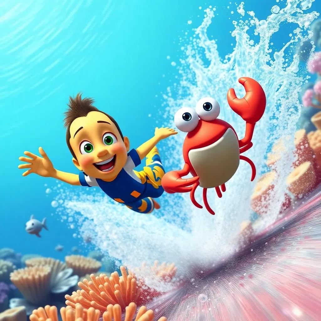 James and the crab zooming through coral at high speed, with water splashes around them, exciting underwater race, dynamic, bright blue and yellow colors, high quality