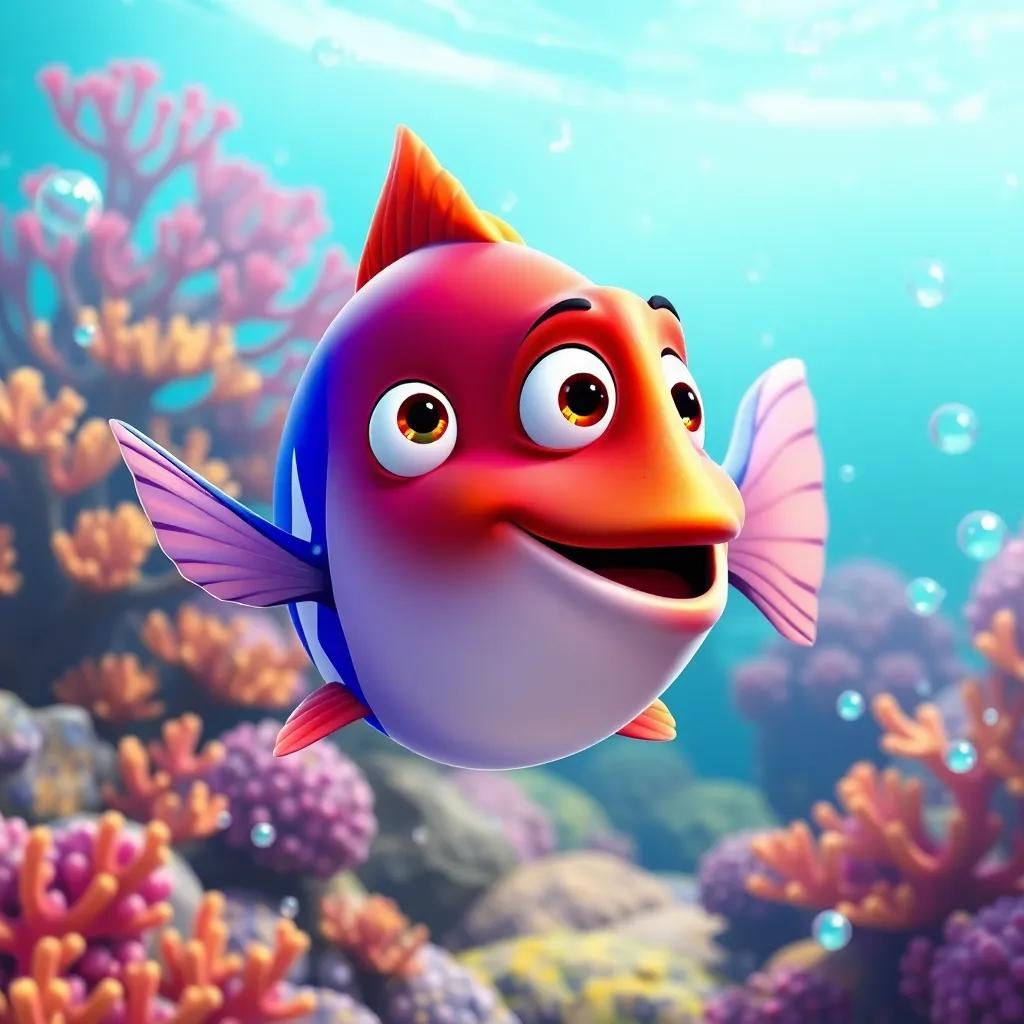 A big fish swimming away with James shouting, with colorful coral in the background and bubbles in the water, engaging scene, bright colors, fun perspective, high quality