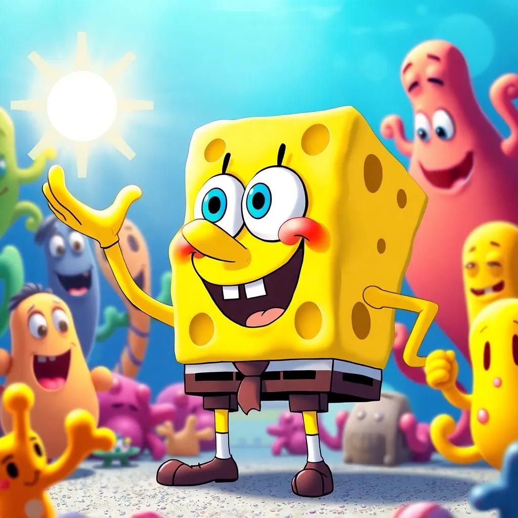 James the sponge having a bright idea, gathering all his friends around him, cheerful underwater setting, colorful characters, vibrant, joyful atmosphere, high quality
