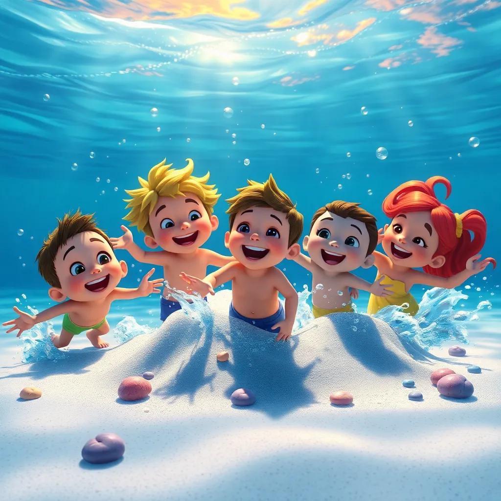 James and all his friends splashing and playing on a sandy spot in the sea, glowing underwater scene with laughter and fun, colorful characters, joyful, high quality