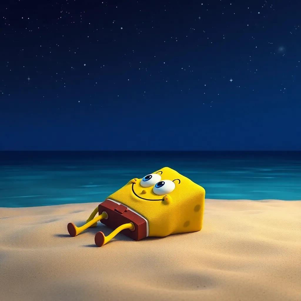 James the sponge lying on the sand at night, twinkling stars above, dreaming of adventures with a calm sea background, soothing, vibrant, high quality