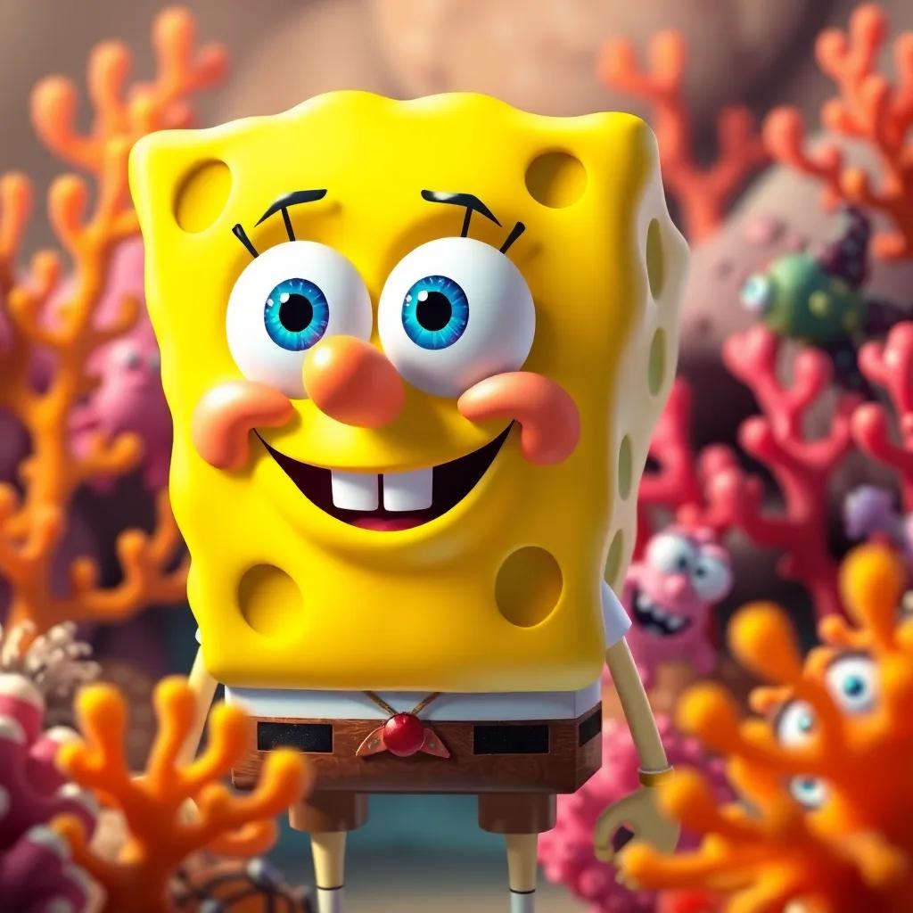 James the sponge, smiling, reflecting on the fun times with friends, with vibrant coral and sea creatures all around, warm and inviting colors, happy feelings, high quality
