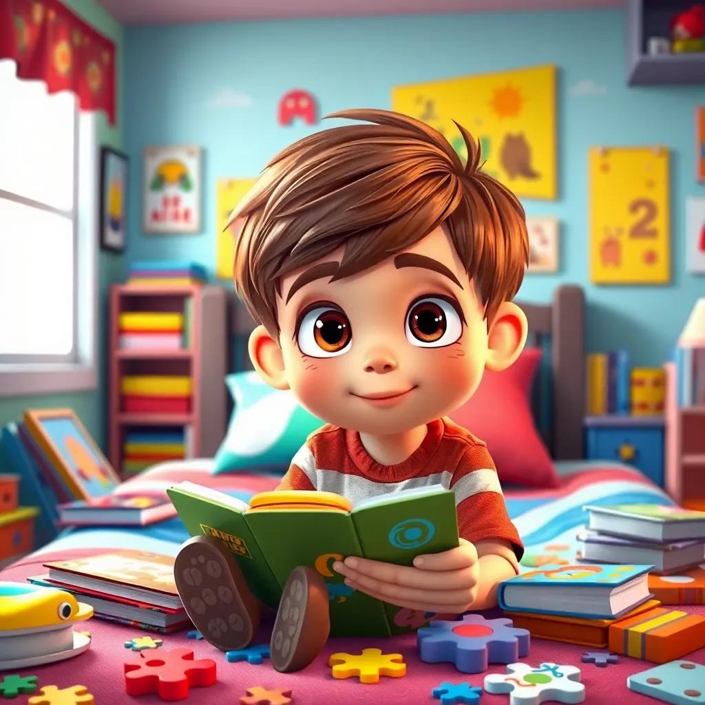 James, a young boy with short brown hair and bright eyes, sitting on his bed surrounded by books and puzzles, colorful room, cheerful atmosphere, digital art, vibrant colors, high quality, playful angle