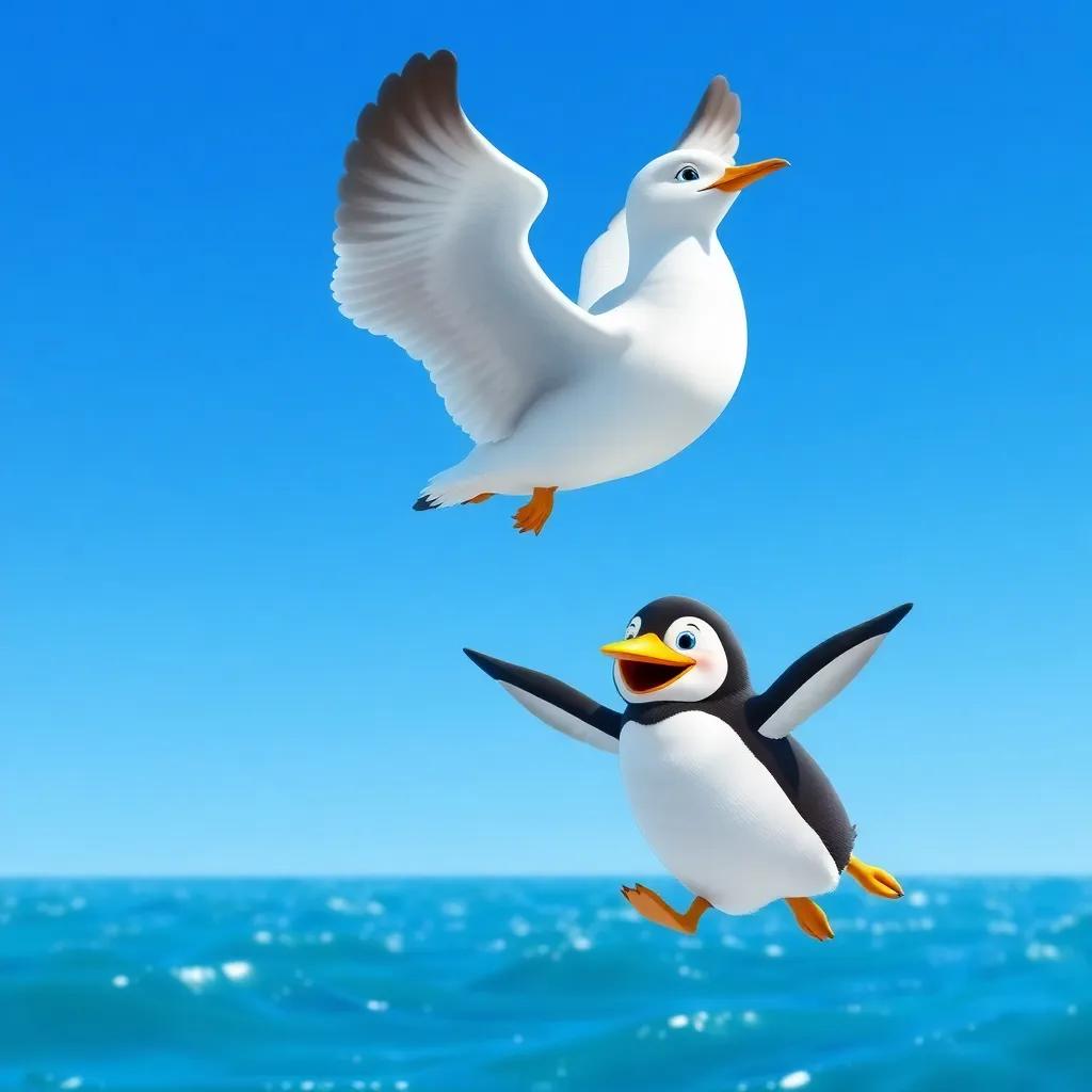 A friendly seagull, Sally, teaching Jams the flying penguin with a golden beak, soaring together in a bright blue sky, below them are shimmering waters, digital art, uplifting, adventure-themed, child-friendly