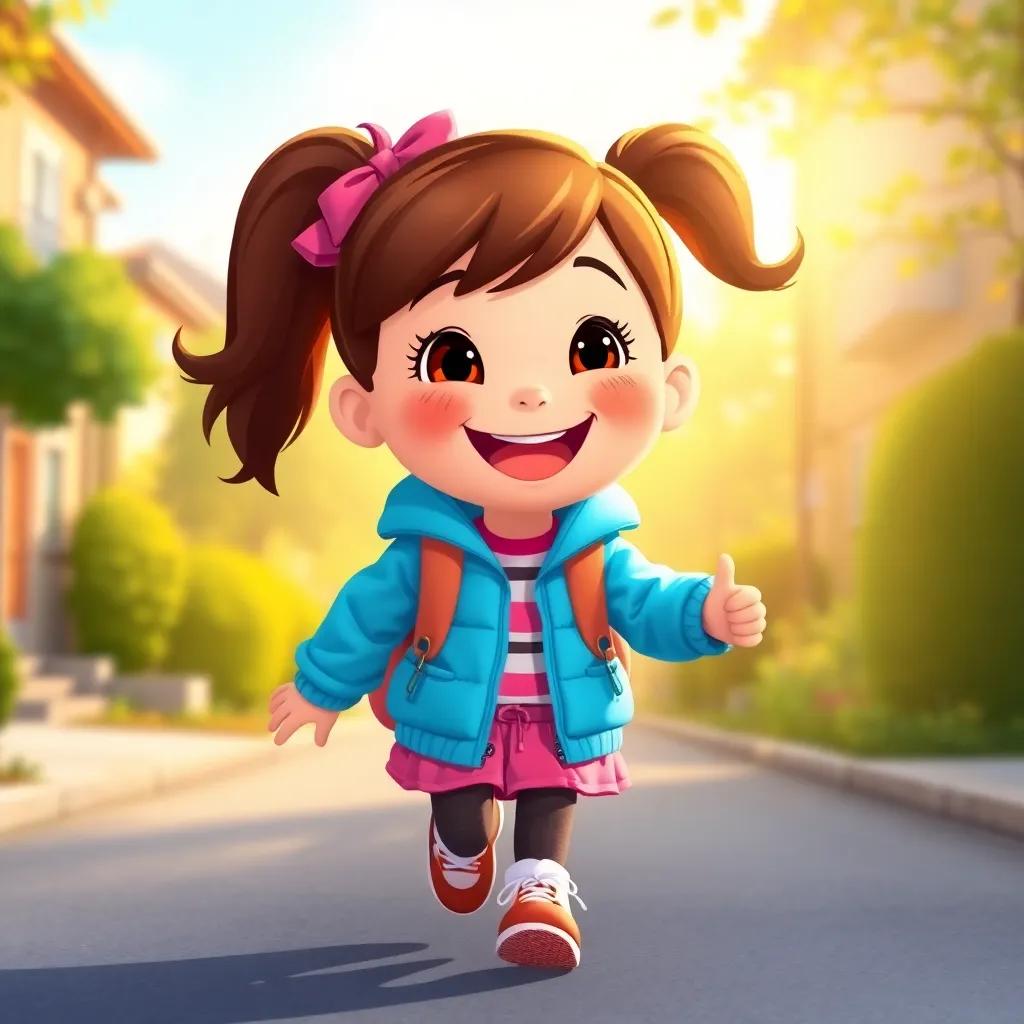 A happy girl, Jana, wearing a bright blue jacket, running home from school with a big smile on her face, sunshine glinting off her jacket, cheerful atmosphere, digital illustration, vibrant colors, child-friendly, heartwarming scene