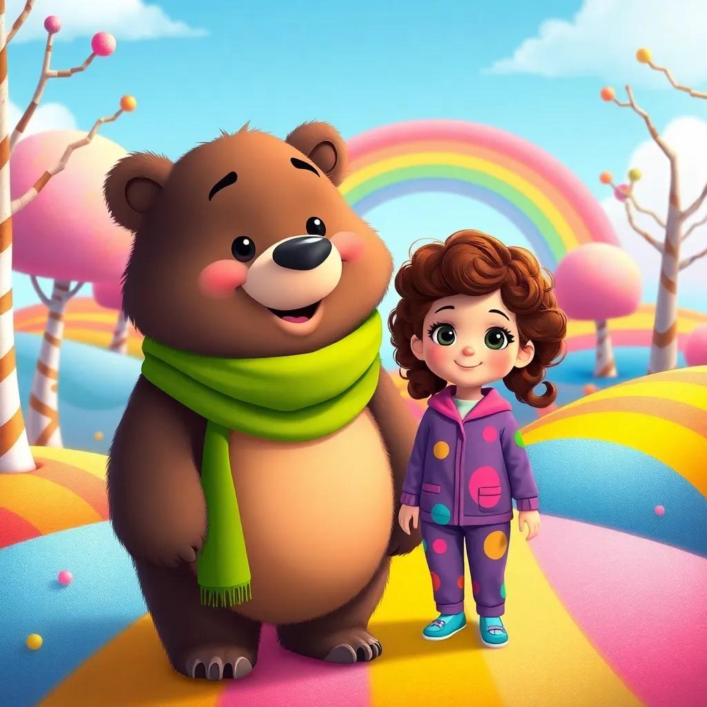 A friendly bear, fluffy with a bright green scarf, standing next to Jana, a young girl with curly brown hair in colorful pajamas, surrounded by candy trees and rainbow hills, cheerful illustration, vibrant colors, magical feeling, high quality