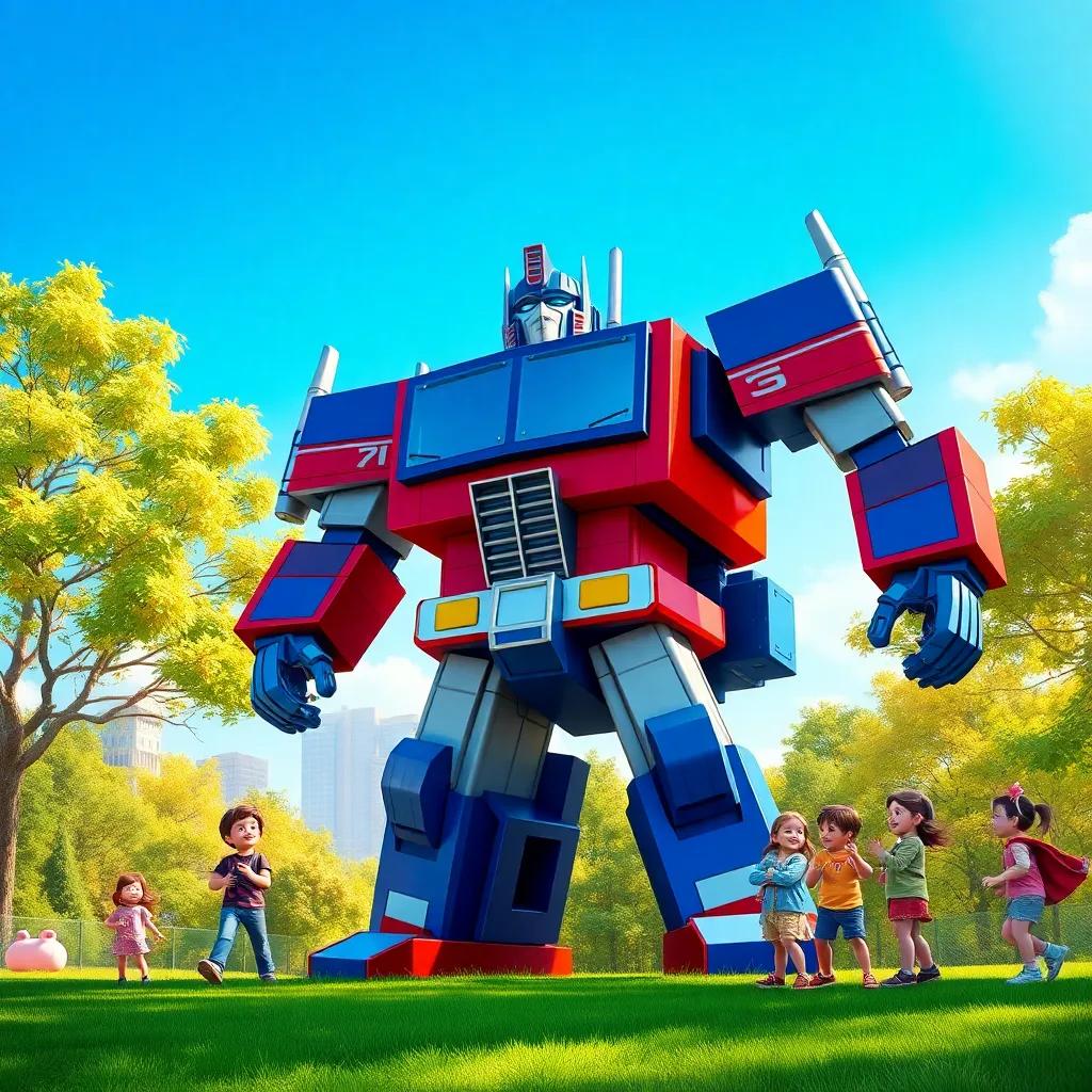 Optimus Prime, a large blue and red robot, standing in Metroville park, with playful children watching excitedly, bright afternoon sun, vibrant colors, action-packed, child-friendly, high quality