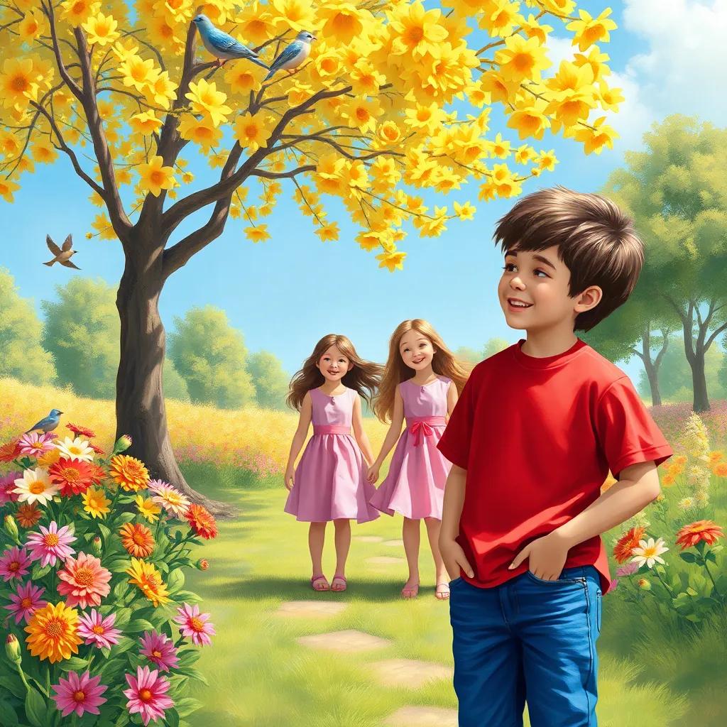 A bright sunny park with Jason, a cheerful boy, in a red shirt and blue jeans, watching Crystal, a girl with long brown hair in a pink dress, laughing with her friends. The scene is full of colorful flowers, chirping birds, and a blue sky, cheerful and vibrant, capturing joy and innocence.