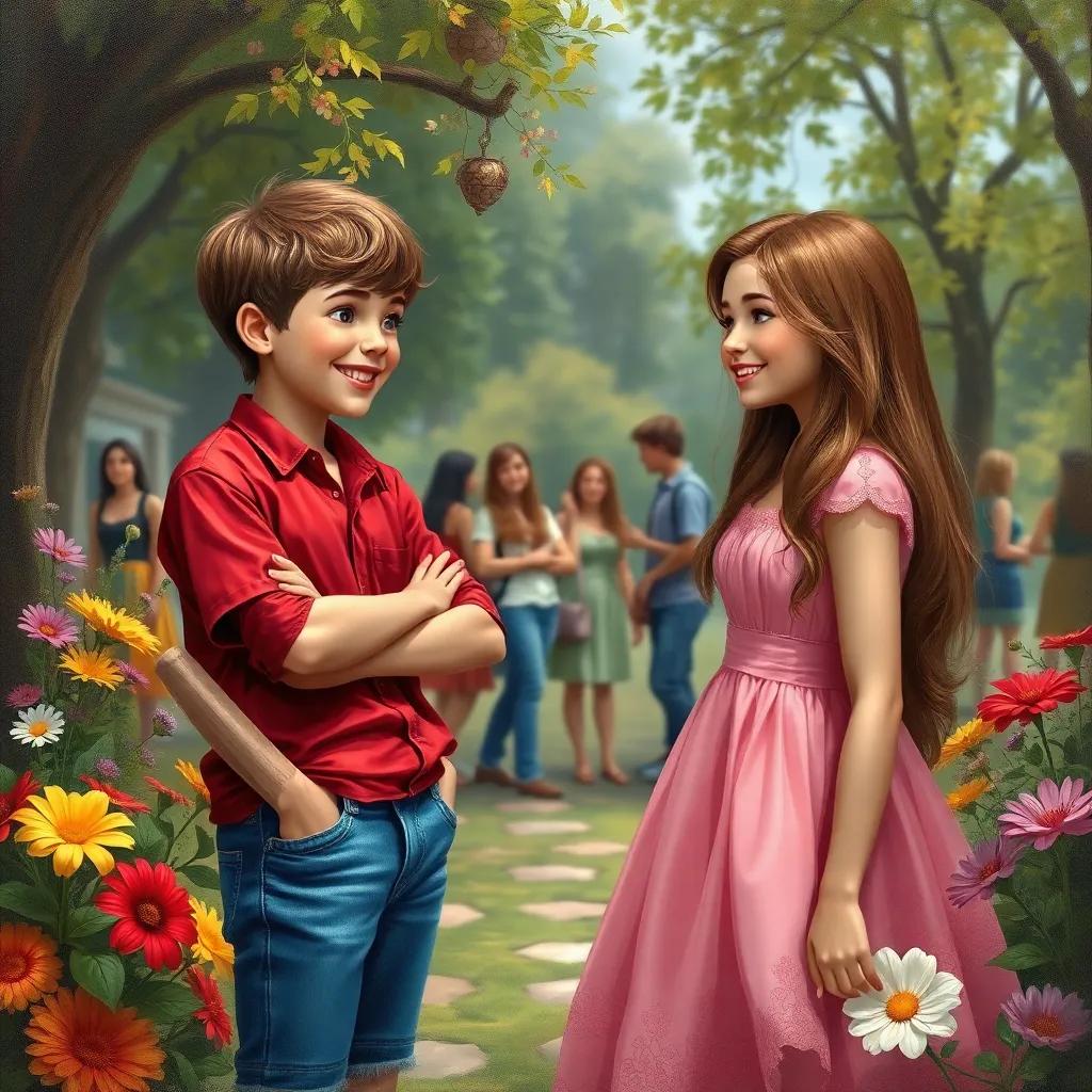 Jason, a cheerful boy with short brown hair in a red shirt and blue jeans, nervously talking to Crystal, a girl with long brown hair in a pink dress, surrounded by colorful flowers, with trees and friends in the background, warm and inviting atmosphere, focusing on their smiles.