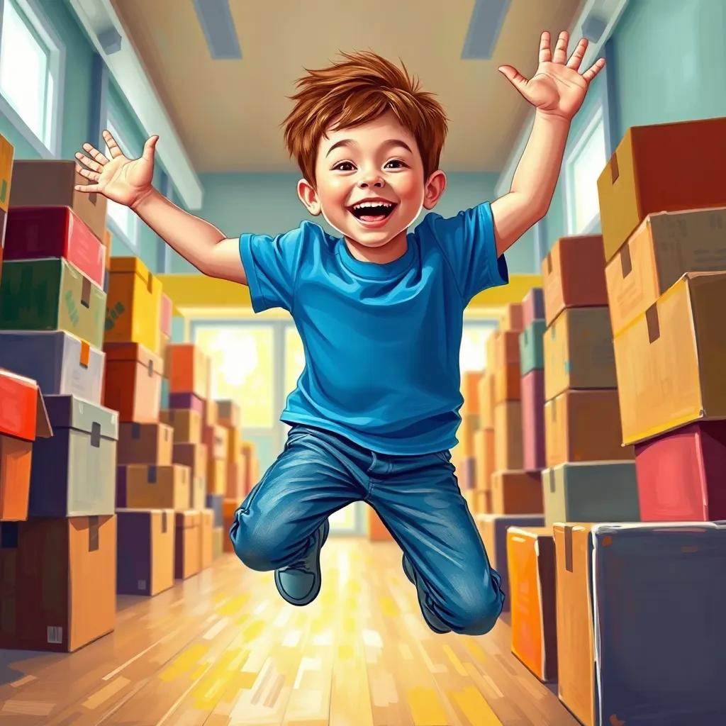 A young boy named Jasper, with short brown hair, wearing a blue t-shirt and jeans, jumping with joy in a brightly lit room filled with boxes, vibrant colors, cheerful, high quality