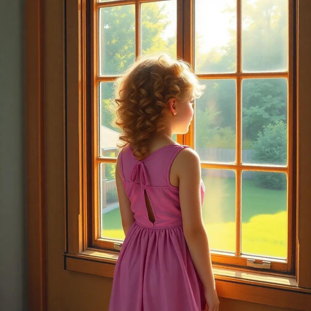 A young girl named Nina, with curly blonde hair, wearing a pink dress, standing by a big window looking outside at a green yard, sunlight streaming in, warm colors, inviting atmosphere, high quality