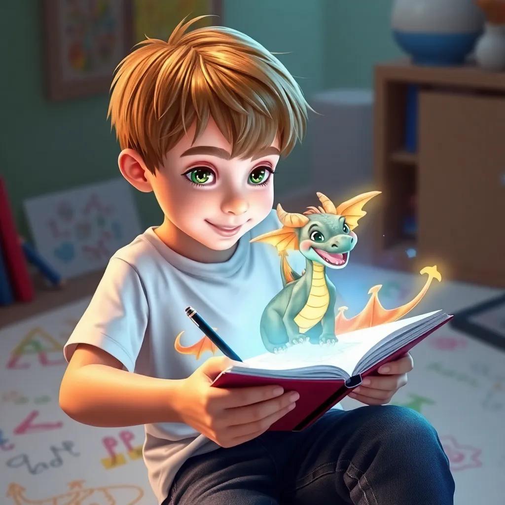 Jasper, a young boy with light brown hair, wearing a t-shirt and jeans, drawing a playful dragon in a notebook, the dragon glowing and coming to life, surrounded by colorful drawings, digital art, magical vibe, bright colors, high quality