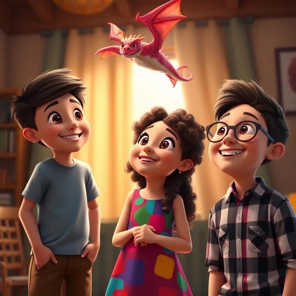 A group of three friends, Jasper, Mia with curly hair wearing a colorful dress, and Sam with glasses wearing a plaid shirt, watching in awe as the dragon flies around the room, digital art, joyful atmosphere, vivid colors, high quality