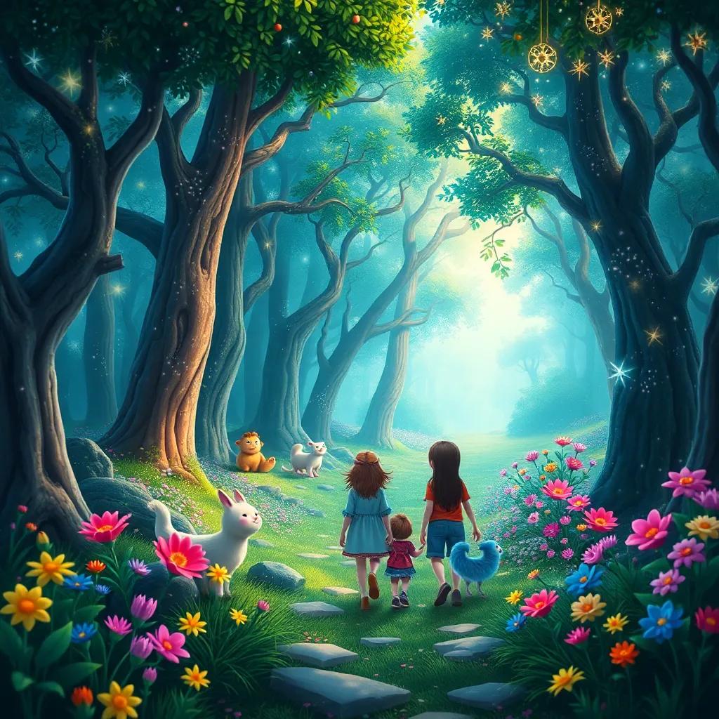 The magical forest filled with sparkling trees, friendly creatures, colorful flowers blossoming, and the three friends stepping into this enchanting world, digital art, whimsical beauty, vibrant colors, immersive perspective, high quality