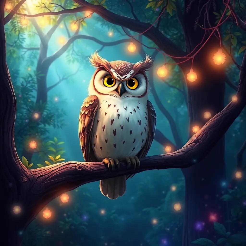 A wise old owl perched on a tree branch in the magical forest, surrounded by sparkling lights and colorful foliage, digital art, mystical atmosphere, bright colors, one focal point, high quality