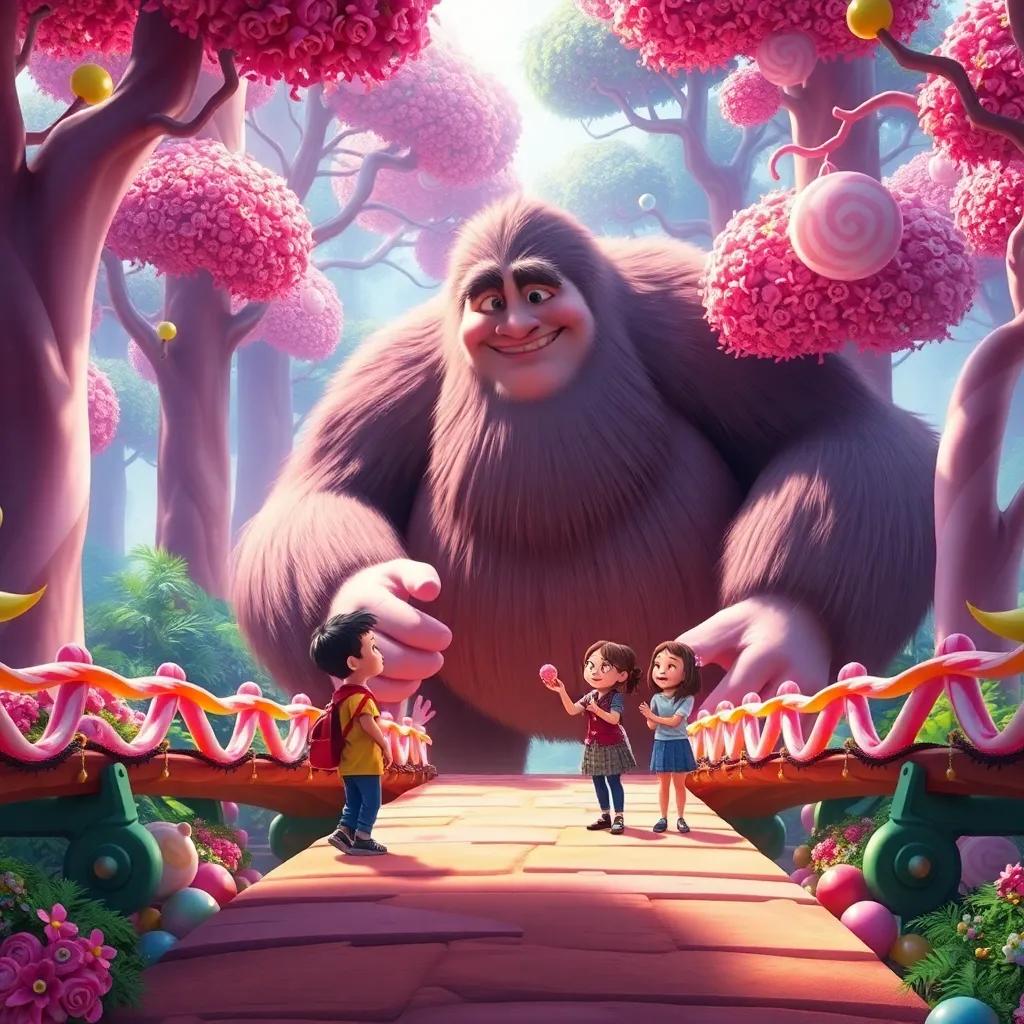 The gentle giant offering sweet treats to Jasper, Mia, and Sam, surrounded by candy bridges and vibrant candy trees in the magical forest, digital art, cheerful environment, bright colors, heartwarming perspective, high quality