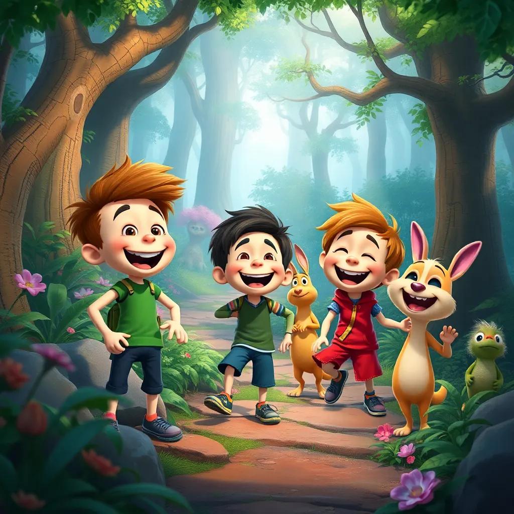 Jasper and his friends laughing joyfully, exploring hidden paths in the magical forest filled with fun characters and whimsical scenery, digital art, playful atmosphere, bright colors, high quality
