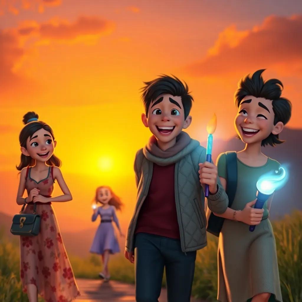 The trio returning home, filled with laughter and joy, the magical paintbrush glowing in Jasper's hand against the backdrop of a sunset sky, digital art, nostalgic vibe, warm colors, high quality