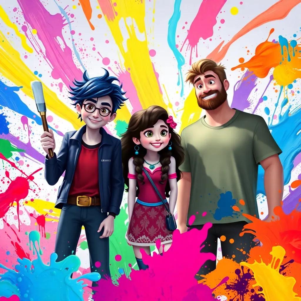 A final scene of Jasper, Mia, and Sam painting a new world together, surrounded by colorful paint splashes and brush strokes, showcasing their creativity and teamwork, digital art, inspirational atmosphere, vivid colors, high quality