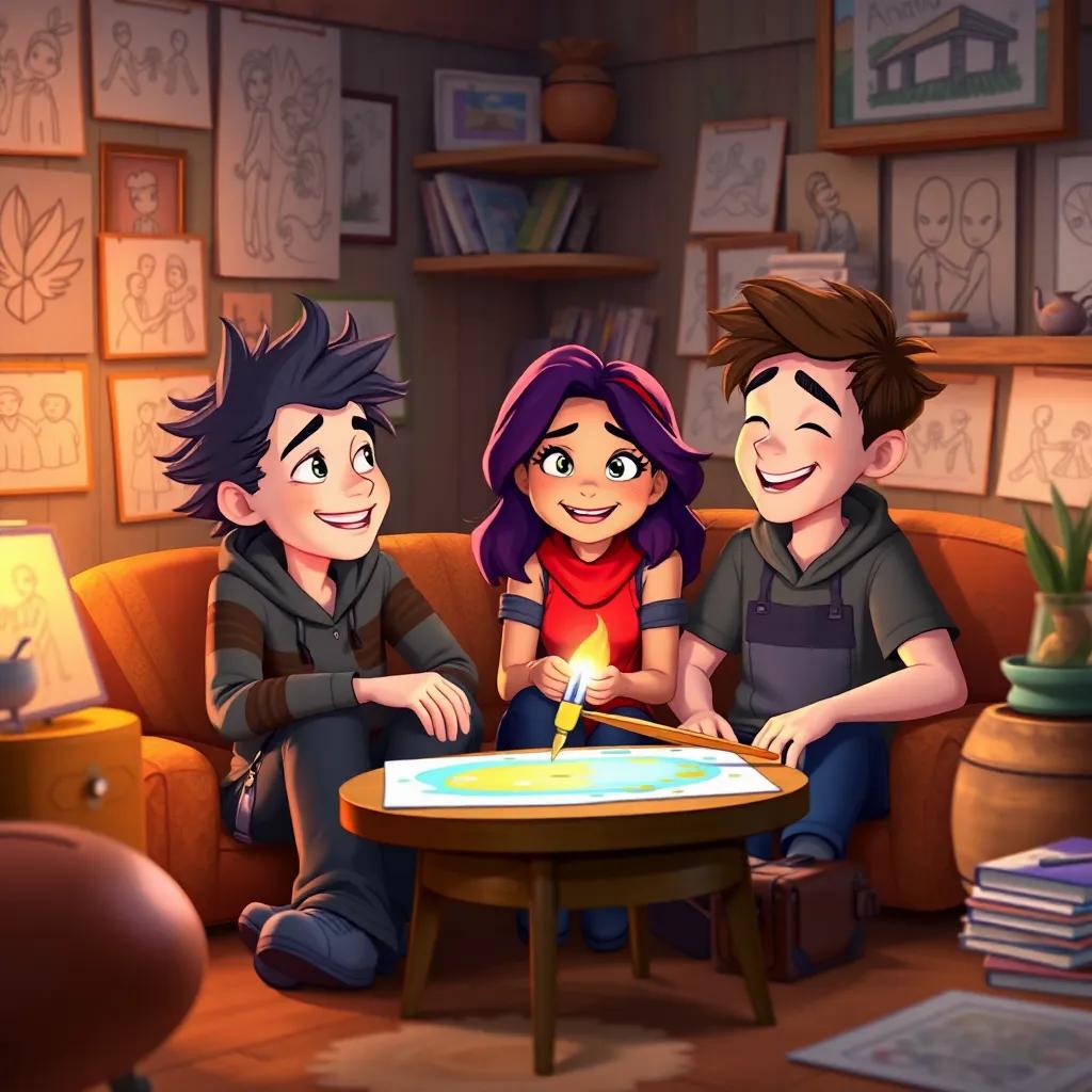 Jasper, Mia, and Sam sitting together in a cozy room, filled with their drawings and laughter, the magical paintbrush resting on the table, symbolizing their friendship and adventures, digital art, warm and inviting, cozy atmosphere, high quality