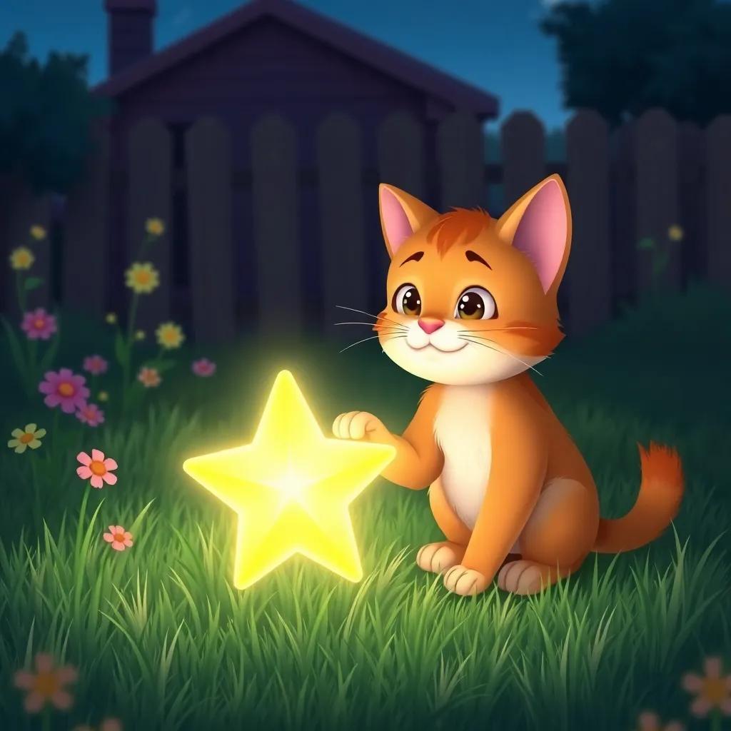 Jasper the cat, pawing at a glowing star in the grass, surrounded by a simple backyard with flowers and a fence, star shimmering and growing larger, child-friendly illustration, vibrant colors, enchanting scene, high detail