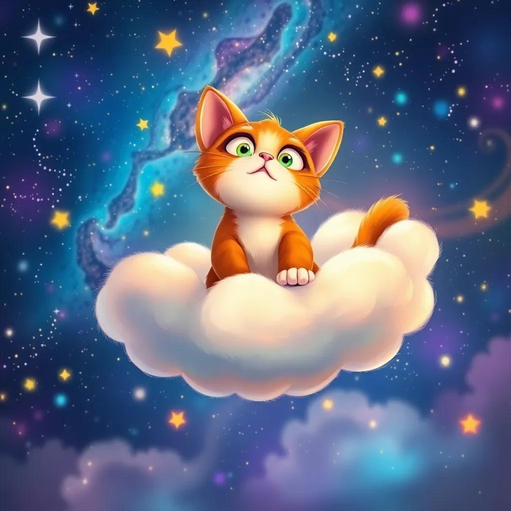 Jasper the cat, floating through the night sky on a fluffy cloud filled with stars, looking amazed as he sees the galaxy, colorful lights and swirls all around, stunning digital painting, whimsical, bright colors, high quality