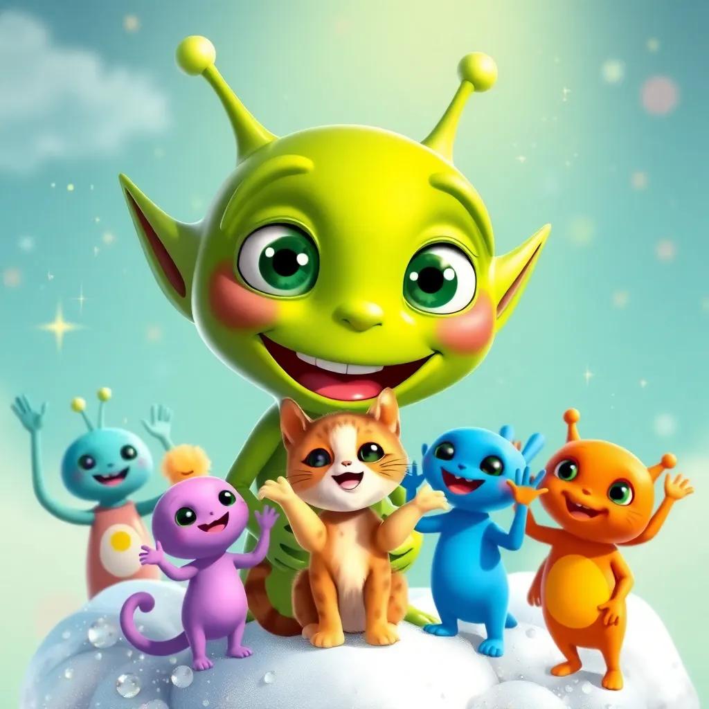 A friendly green alien named Zog, with big eyes and a cheerful smile, greeting Jasper the cat on the sparkling cloud, surrounded by other colorful aliens waving and smiling, joyful and welcoming atmosphere, child-friendly illustration, high detail