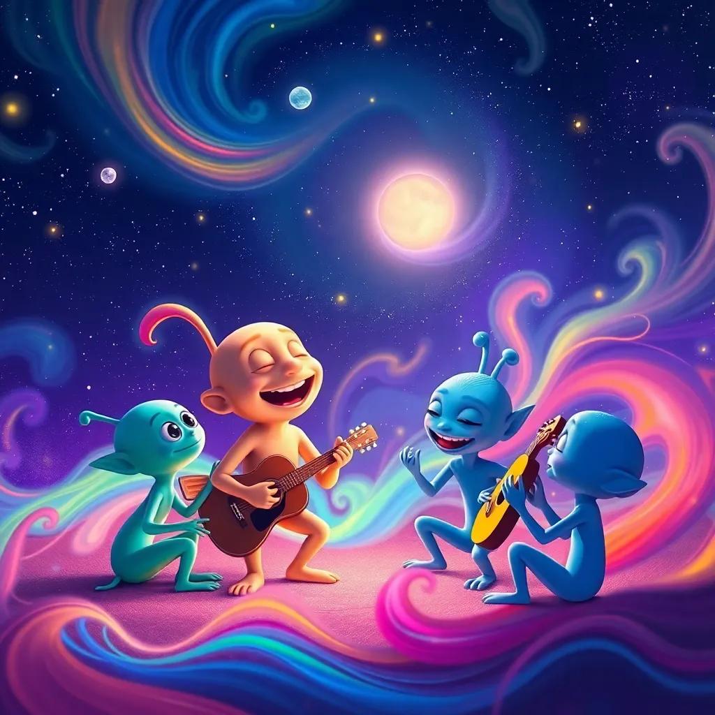 Jasper and the aliens, gathering swirling colors and making music around the lonely star, a scene filled with laughter and joy, bright colors swirling, teamwork in action, vibrant digital art, uplifting and fun, high quality