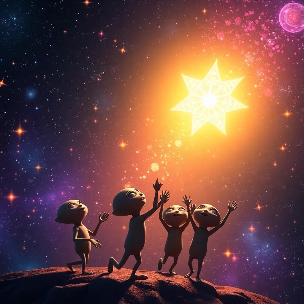 The shining star, glowing brightly with beautiful patterns and colors, lighting up the entire galaxy as Jasper and the aliens cheer, a stunning cosmic view filled with stars, detailed fantasy art, magical and radiant, high quality