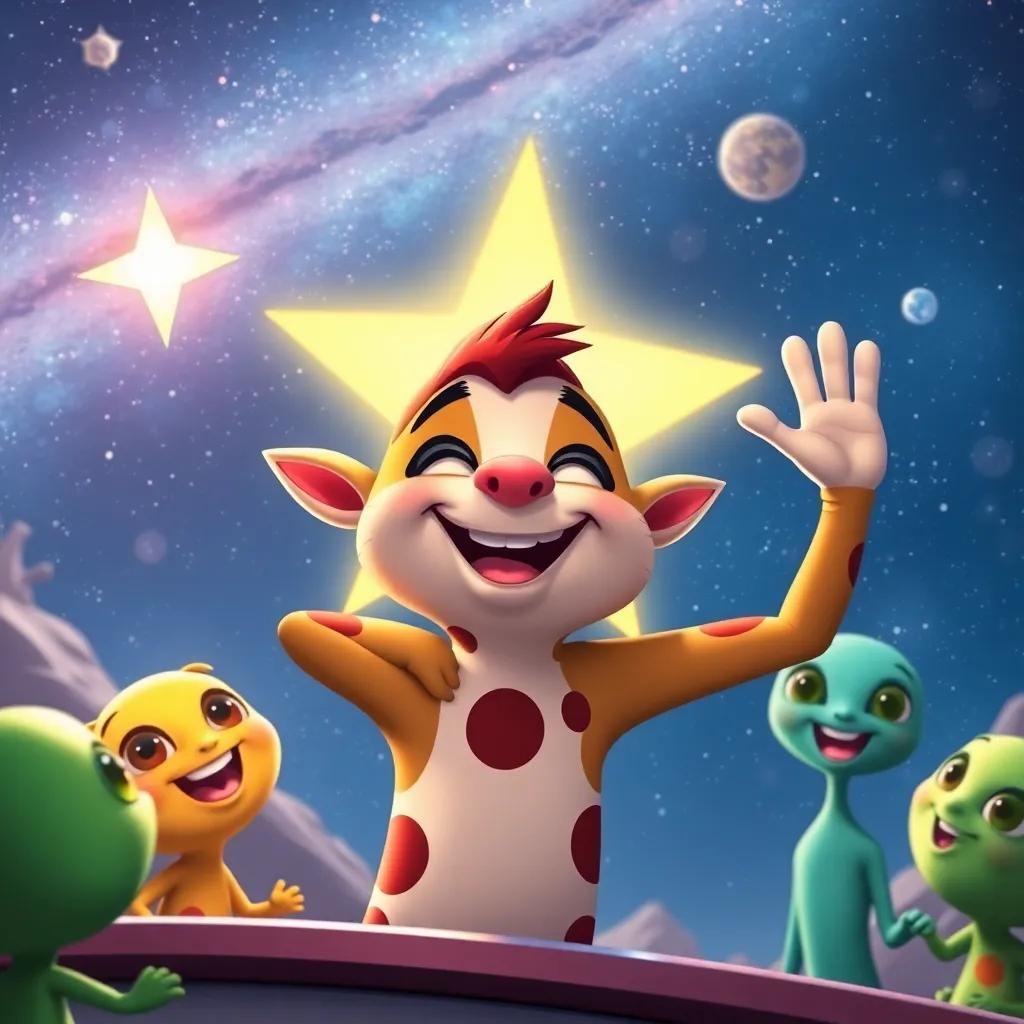 Jasper looking happy and proud as he leaves the galaxy, waving goodbye to his alien friends, the star sparkling behind him, heartwarming farewell scene, colorful and cheerful, digital illustration, rich colors, high quality