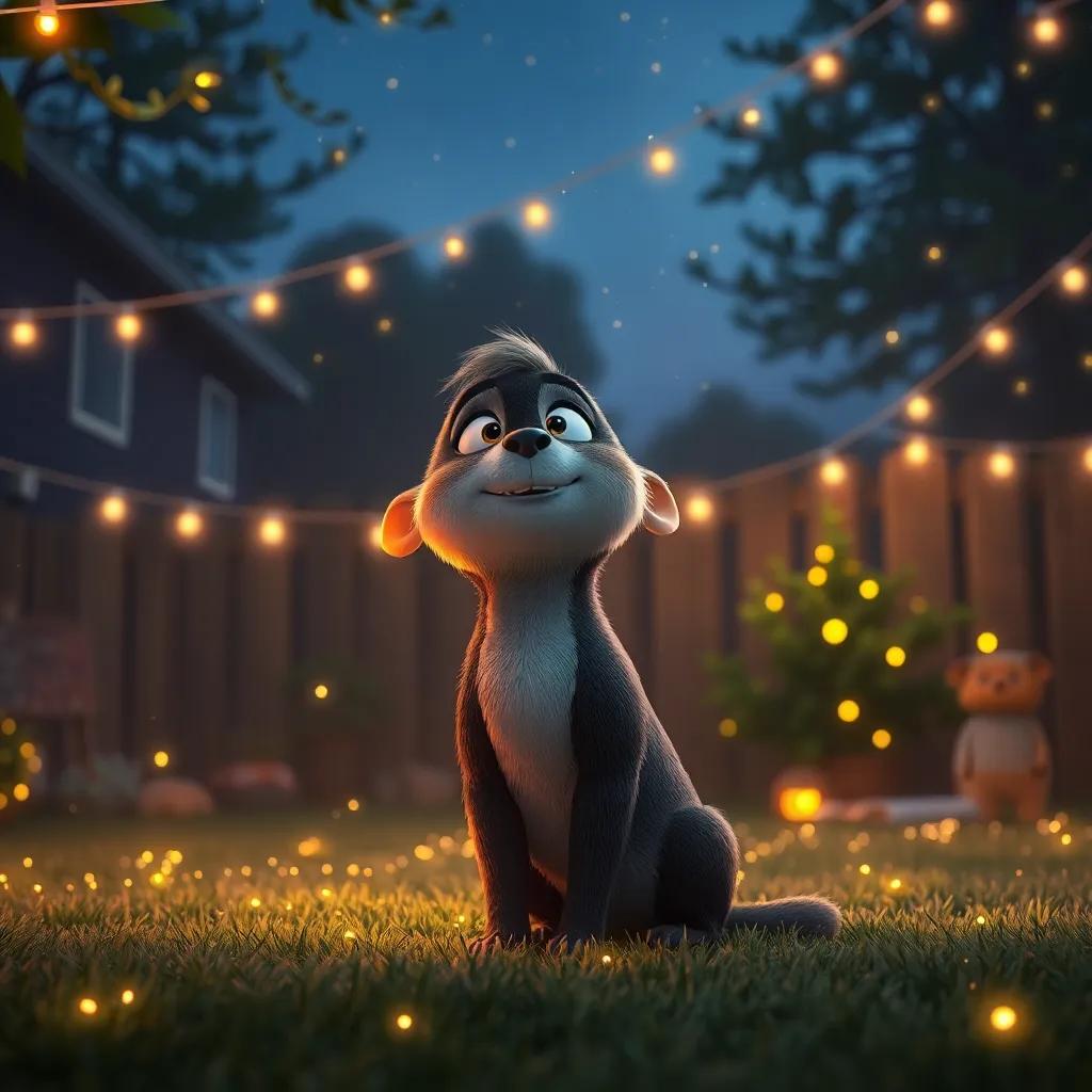 Jasper, back in his cozy backyard, surrounded by tiny sparkling lights showering him, looking content while gazing up at the night sky, heartwarming scene, cozy evening atmosphere, high detail, digital art, inviting light