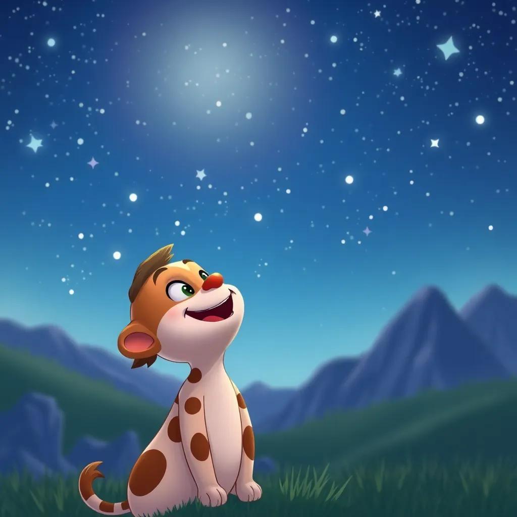 Jasper remembering his adventure under the stars, looking joyful and excited as he gazes up at the night sky, bright stars twinkling above him, magical scenery in the background, soft focus, child-friendly illustration, high quality