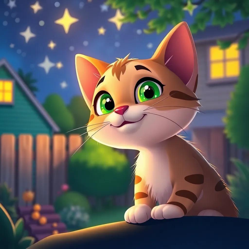 Jasper, a curious cat with bright green eyes, at the edge of his backyard, gazing up at stars with a smile, filled with hope and dreams of adventure, cozy night scene, warm colors, child-friendly art, high detail