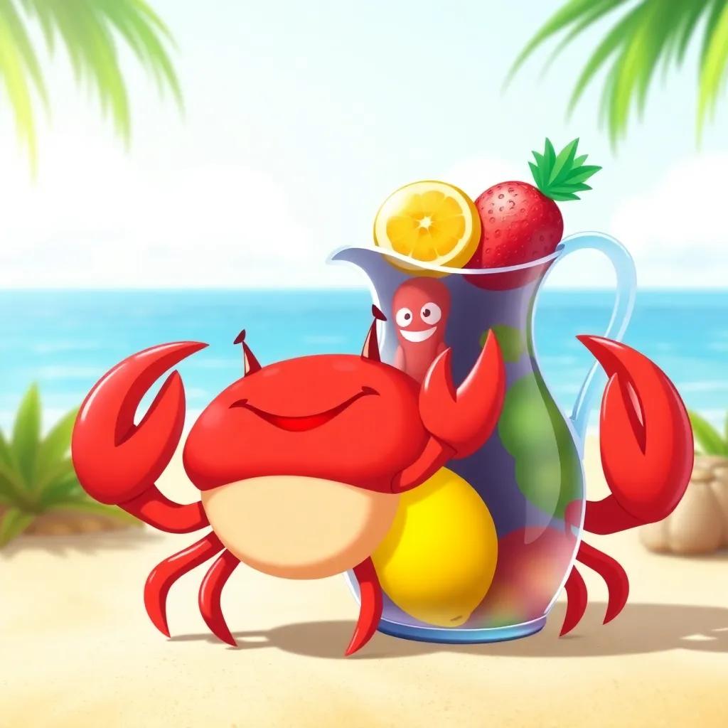Crab, a cute red crab with big claws, smiles while standing next to a big, colorful jug filled with fruits like sea grapes and starfruits, beach background, bright colors, cheerful vibe, illustration, engaging