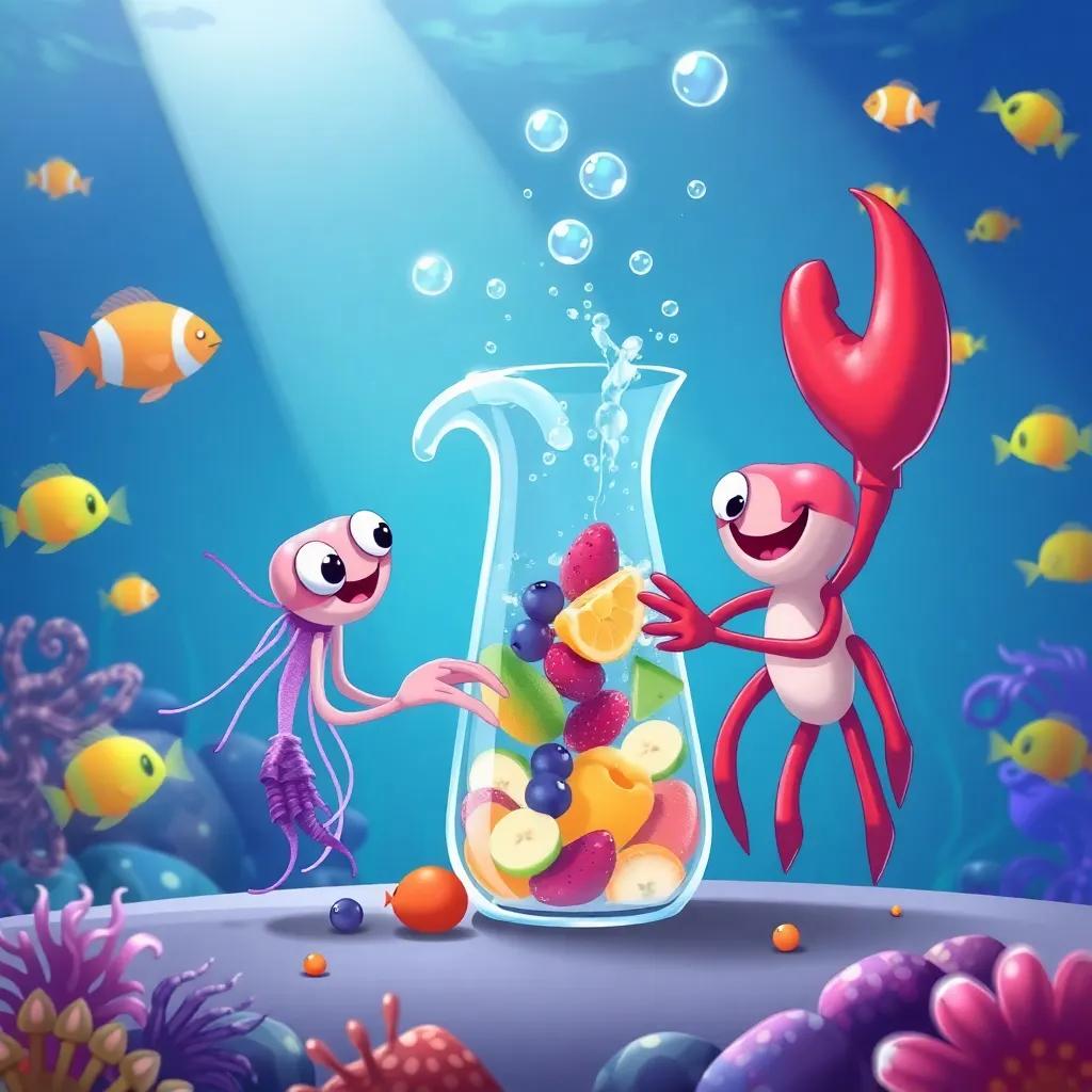 Jelly and Crab are mixing fruits in the jug, with bubbles and splashes everywhere, the scene is lively with colorful fish watching them, underwater background, cartoonish style, fun