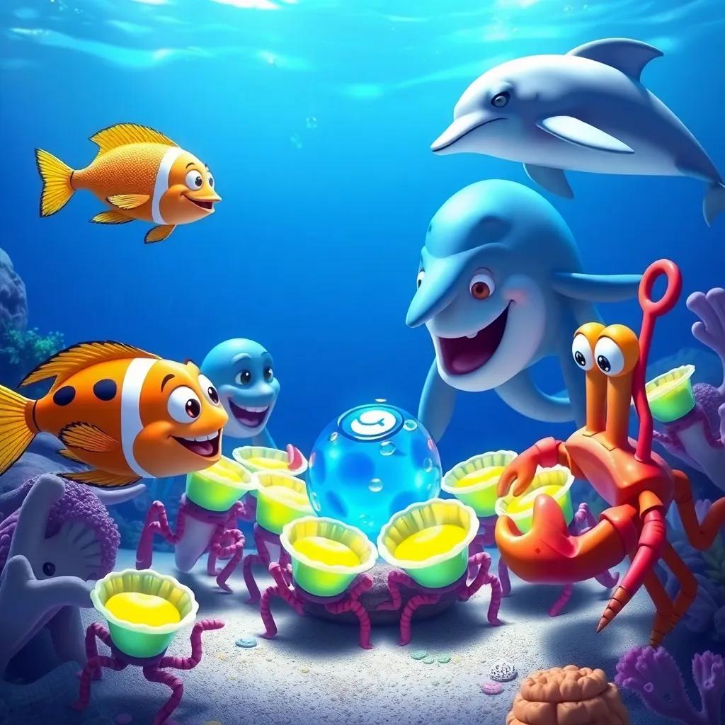 A group of sea creatures, including a fish and a dolphin, eagerly gather around Jolly and Crab to taste the jelly, all with happy expressions, colorful shell cups in their fins, underwater scenery, bright and engaging