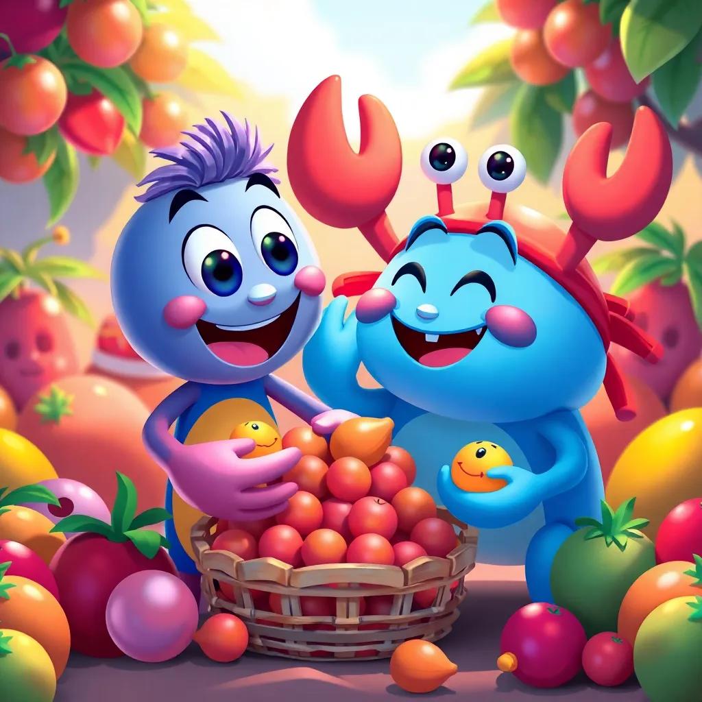 Jolly and Crab are working together to pick fruits again, surrounded by their friends, bright colors and happy faces, a sense of teamwork and joy, digital art, cheerful and colorful