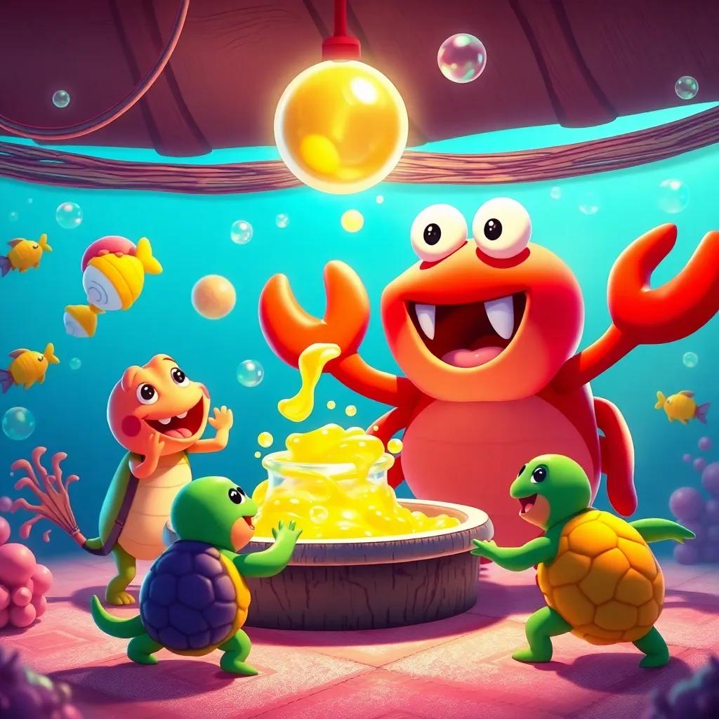 Jolly and Crab's friends are singing and laughing while preparing more jelly, the scene is vibrant and full of energy, with fish and turtles dancing, bright colors, joyful atmosphere