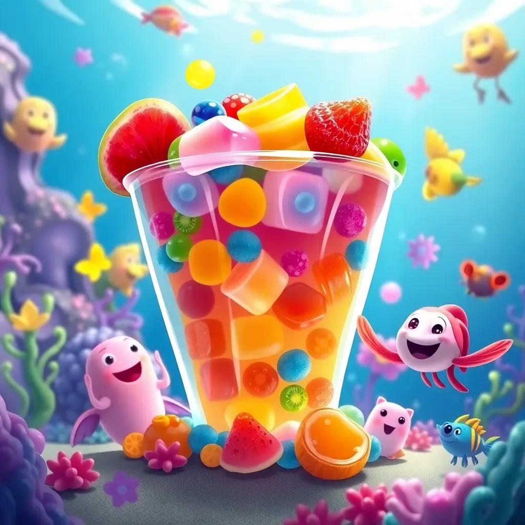 A big wonderful jelly cup, filled with bright jelly made from sea fruits, surrounded by happy sea creatures, underwater setting, vibrant colors, cheerful tone, illustration
