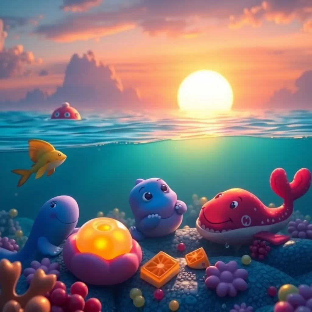 A sunset scene in the ocean with sea creatures happily enjoying their fruity jelly together, warm lights, the scene is full of colorful creatures and laughter, high quality, digital art