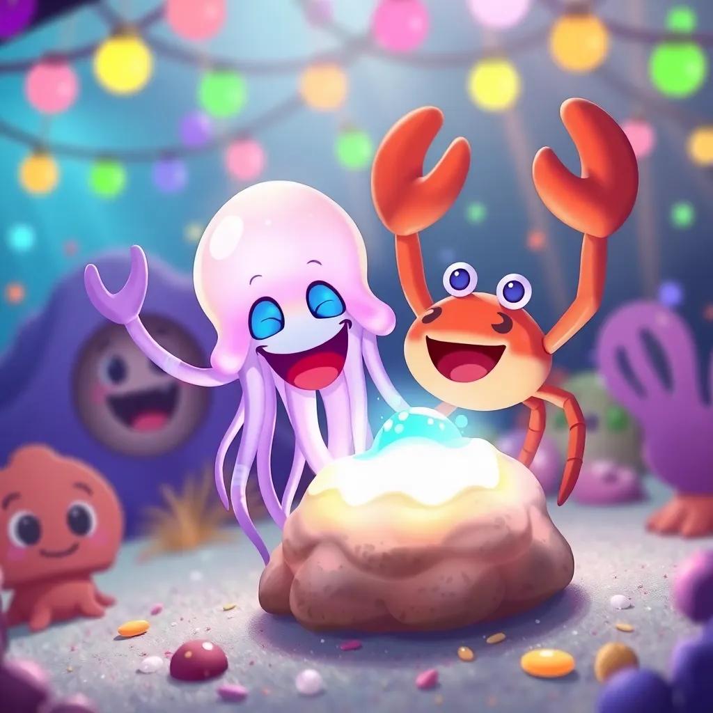 Jolly the jellyfish and Crab celebrating after making joyful jelly, surrounded by friends in an underwater party, colorful lights and laughter, happy and engaging scene, cartoon style