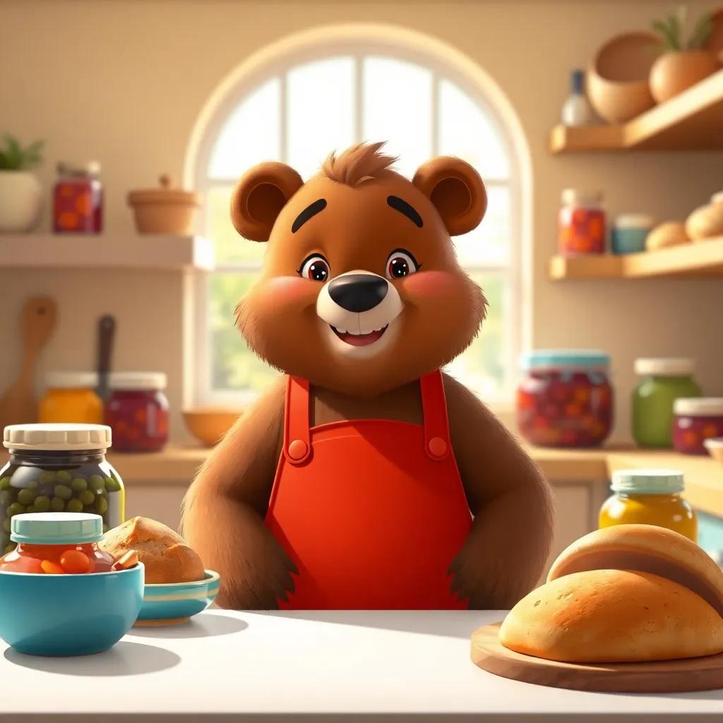A cheerful bear named Jelly, with brown fur, wearing a red apron, smiling in a bright sunny kitchen, surrounded by colorful jam jars and bread, digital art, vibrant colors, joyful atmosphere, high quality