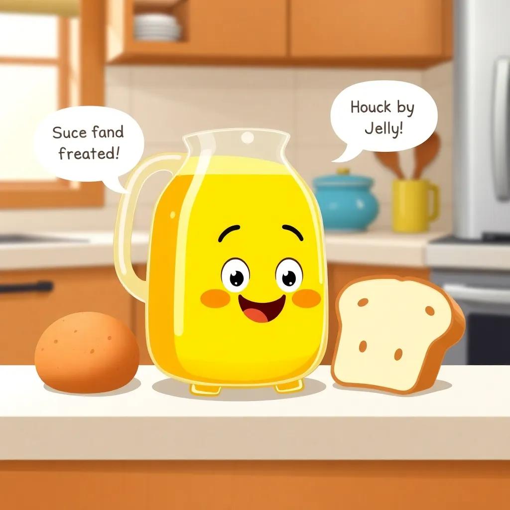 Benny the juice jug with a friendly face, a bright yellow color, sitting next to soft bread on a kitchen counter, feeling excited, cheerful, with playful banter with Jelly, illustration, bright, child-friendly