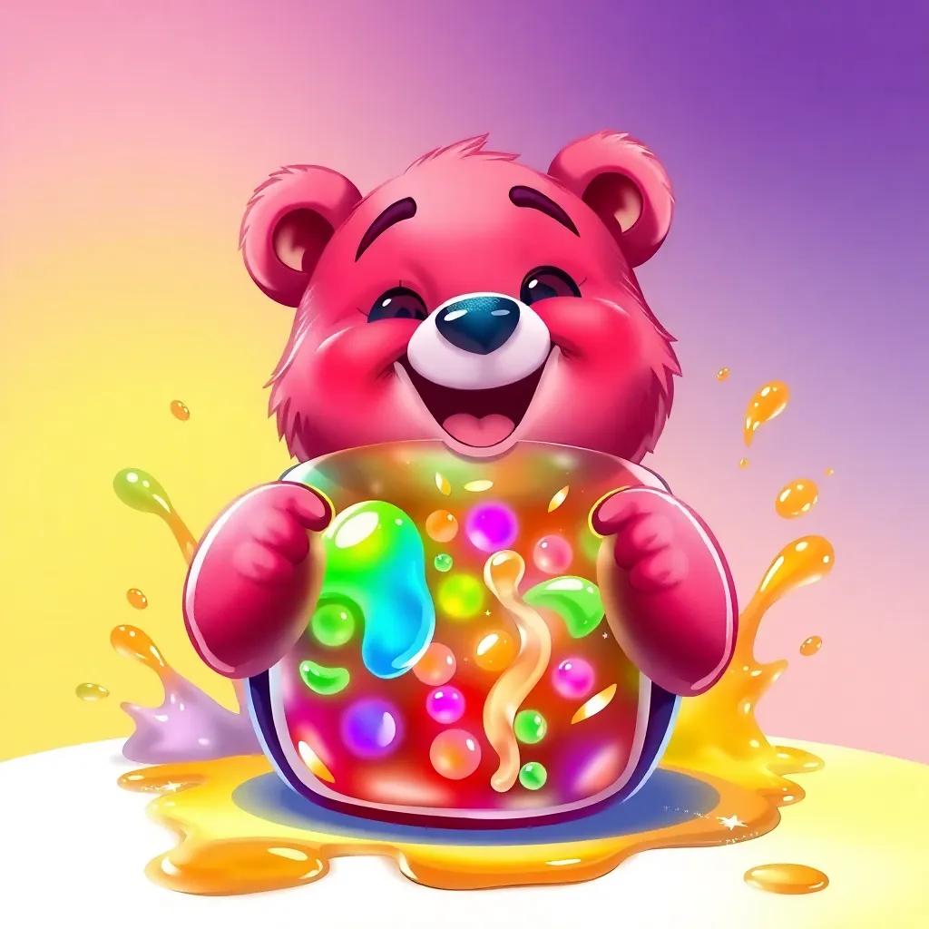 Jelly the bear with her paws in the colorful jelly jar, sparkling jelly inside, joyful expression, with splashes of jelly around, vibrant and fun, digital painting, cheerful